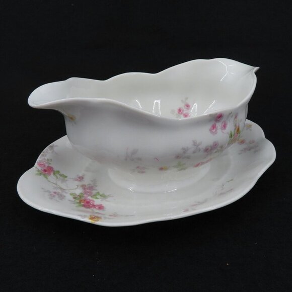 C Ahrenfeldt Limoges Gravy Boat Pink Yellow Roses Garden Flowers Floral Vintage - Picture 7 of 15